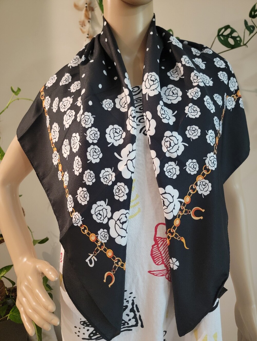 Black Floral & Gold Chain Print Scarf for Women